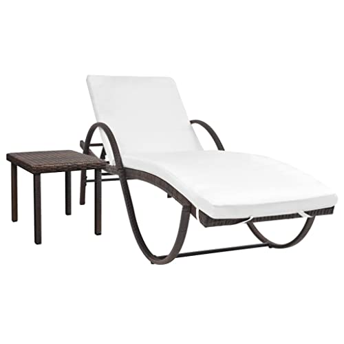 SLGSDMJ Patio Chaise Lounge,Outdoor Lounge Chair,Beach Pool Sunbathing Lawn Recliner Chiar,Outside Tanning Chairs with Arm for All Weather,Sun Lounger with Cushion & Table Poly Rattan Brown