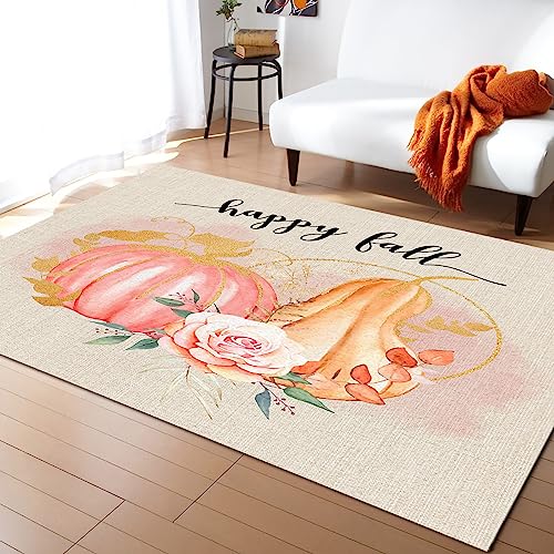 OComster Thanksgiving Rectangle Shape Large Area Rugs - 2.7 x 5 Feet Fall Pink Orange Pumpkin Flower Watercolor Burlap - (Non-Woven + Rubber) Low File Floor Mat