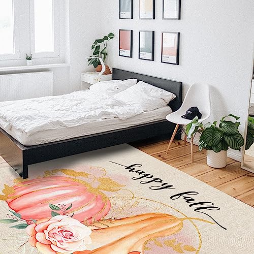 OComster Thanksgiving Rectangle Shape Large Area Rugs - 2.7 x 5 Feet Fall Pink Orange Pumpkin Flower Watercolor Burlap - (Non-Woven + Rubber) Low File Floor Mat