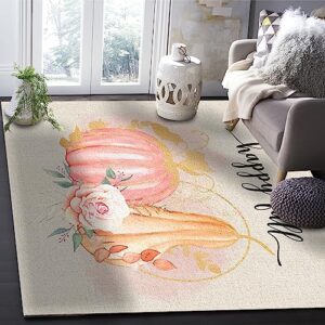 OComster Thanksgiving Rectangle Shape Large Area Rugs - 2.7 x 5 Feet Fall Pink Orange Pumpkin Flower Watercolor Burlap - (Non-Woven + Rubber) Low File Floor Mat