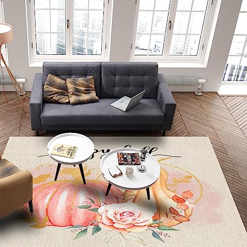 OComster Thanksgiving Rectangle Shape Large Area Rugs - 2.7 x 5 Feet Fall Pink Orange Pumpkin Flower Watercolor Burlap - (Non-Woven + Rubber) Low File Floor Mat