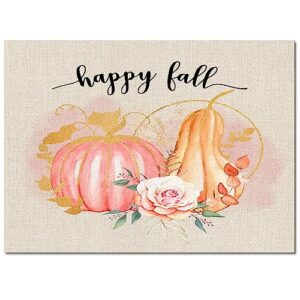 OComster Thanksgiving Rectangle Shape Large Area Rugs - 2.7 x 5 Feet Fall Pink Orange Pumpkin Flower Watercolor Burlap - (Non-Woven + Rubber) Low File Floor Mat