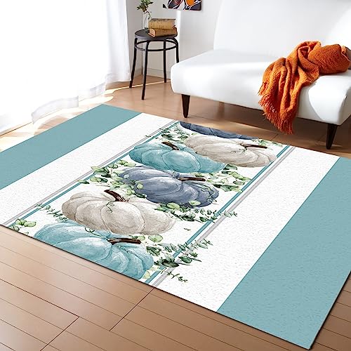 OComster Fall Thanksgiving Rectangle Shape Large Area Rugs - 2 x 3 Feet Blue Grey Pumpkin Eucalyptus Leaves Teal Striped - (Non-Woven + Rubber) Low File Floor Mat