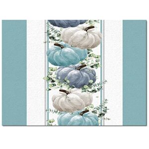 OComster Fall Thanksgiving Rectangle Shape Large Area Rugs - 2 x 3 Feet Blue Grey Pumpkin Eucalyptus Leaves Teal Striped - (Non-Woven + Rubber) Low File Floor Mat