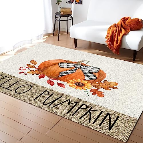 OComster Thanksgiving Rectangle Shape Large Area Rugs - 4 x 6 Feet Fall Hellow Pumpkin Bow Orange Burlap - (Non-Woven + Rubber) Low File Floor Mat