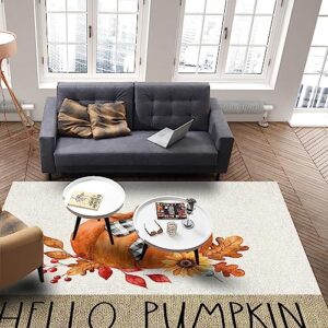 OComster Thanksgiving Rectangle Shape Large Area Rugs - 4 x 6 Feet Fall Hellow Pumpkin Bow Orange Burlap - (Non-Woven + Rubber) Low File Floor Mat