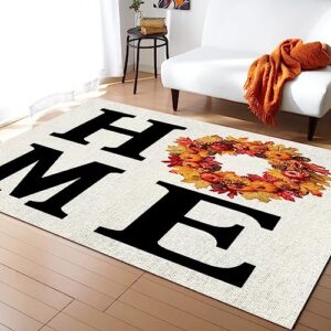 ocomster thanksgiving rectangle shape large area rugs - 5 x 7 feet fall pumpkin maple leaves wreath home wooden - (non-woven + rubber) low file floor mat