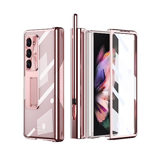 PUROOM for Samsung Galaxy Z Fold 5 Hinge Coverage Protective Case Transparent Plating PC with Pen Holder Kickstand Screen Protector All-Inclusive Case (z fold 5, Rose Gold)