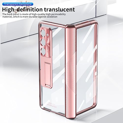 PUROOM for Samsung Galaxy Z Fold 5 Hinge Coverage Protective Case Transparent Plating PC with Pen Holder Kickstand Screen Protector All-Inclusive Case (z fold 5, Rose Gold)