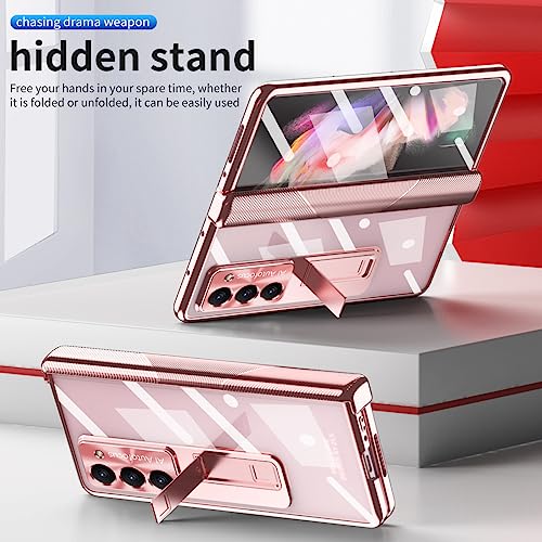 PUROOM for Samsung Galaxy Z Fold 5 Hinge Coverage Protective Case Transparent Plating PC with Pen Holder Kickstand Screen Protector All-Inclusive Case (z fold 5, Rose Gold)