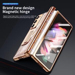 PUROOM for Samsung Galaxy Z Fold 5 Hinge Coverage Protective Case Transparent Plating PC with Pen Holder Kickstand Screen Protector All-Inclusive Case (z fold 5, Gold)