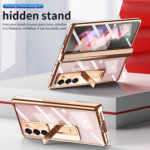 PUROOM for Samsung Galaxy Z Fold 5 Hinge Coverage Protective Case Transparent Plating PC with Pen Holder Kickstand Screen Protector All-Inclusive Case (z fold 5, Gold)