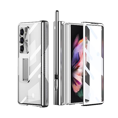 PUROOM for Samsung Galaxy Z Fold 5 Hinge Coverage Protective Case Transparent Plating PC with Pen Holder Kickstand Screen Protector All-Inclusive Case (z fold 5, Silver)