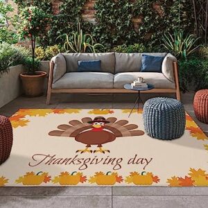 Outdoor Area Rug for Patio,Thanksgiving Day Turkey Fall Maple Camping Rugs Indoor Large Floor Mat 4x6ft,Autumn Orange Pumpkin Fallen Leaves Outside Carpet for Deck RV Picnic Porch Backyard Bedroom