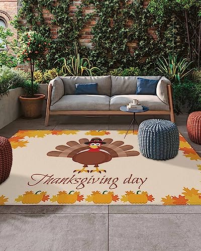 Outdoor Area Rug for Patio,Thanksgiving Day Turkey Fall Maple Camping Rugs Indoor Large Floor Mat 4x6ft,Autumn Orange Pumpkin Fallen Leaves Outside Carpet for Deck RV Picnic Porch Backyard Bedroom