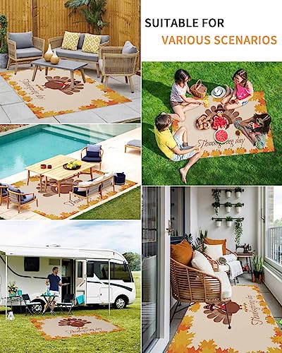 Outdoor Area Rug for Patio,Thanksgiving Day Turkey Fall Maple Camping Rugs Indoor Large Floor Mat 4x6ft,Autumn Orange Pumpkin Fallen Leaves Outside Carpet for Deck RV Picnic Porch Backyard Bedroom