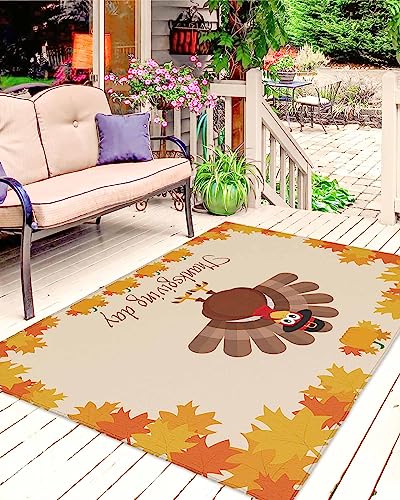 Outdoor Area Rug for Patio,Thanksgiving Day Turkey Fall Maple Camping Rugs Indoor Large Floor Mat 4x6ft,Autumn Orange Pumpkin Fallen Leaves Outside Carpet for Deck RV Picnic Porch Backyard Bedroom