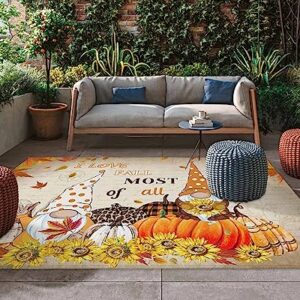 Outdoor Area Rug for Patio,Thanksgiving Fall Gnome Pumpkin Sunflowers Camping Rugs Indoor Large Floor Mat 4x6ft,Autumn Maple Retro Letters Outside Carpet for Deck RV Picnic Porch Backyard Bedroom