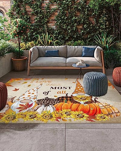 Outdoor Area Rug for Patio,Thanksgiving Fall Gnome Pumpkin Sunflowers Camping Rugs Indoor Large Floor Mat 4x6ft,Autumn Maple Retro Letters Outside Carpet for Deck RV Picnic Porch Backyard Bedroom