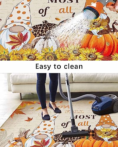 Outdoor Area Rug for Patio,Thanksgiving Fall Gnome Pumpkin Sunflowers Camping Rugs Indoor Large Floor Mat 4x6ft,Autumn Maple Retro Letters Outside Carpet for Deck RV Picnic Porch Backyard Bedroom