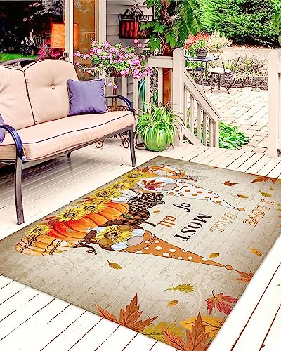 Outdoor Area Rug for Patio,Thanksgiving Fall Gnome Pumpkin Sunflowers Camping Rugs Indoor Large Floor Mat 4x6ft,Autumn Maple Retro Letters Outside Carpet for Deck RV Picnic Porch Backyard Bedroom