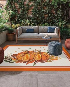 outdoor area rug for patio,thanksgiving pumpkin eucalyptus leaves berry camping rugs indoor large floor mat 4x6ft,fall vintage linen orange frame outside carpet for deck rv picnic porch backyard