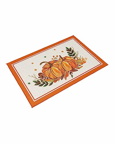 Outdoor Area Rug for Patio,Thanksgiving Pumpkin Eucalyptus Leaves Berry Camping Rugs Indoor Large Floor Mat 4x6ft,Fall Vintage Linen Orange Frame Outside Carpet for Deck RV Picnic Porch Backyard