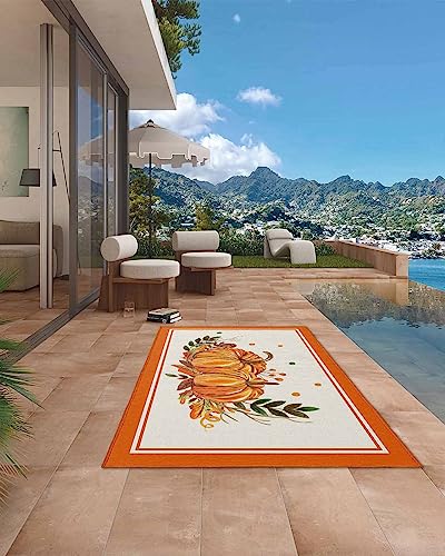 Outdoor Area Rug for Patio,Thanksgiving Pumpkin Eucalyptus Leaves Berry Camping Rugs Indoor Large Floor Mat 4x6ft,Fall Vintage Linen Orange Frame Outside Carpet for Deck RV Picnic Porch Backyard