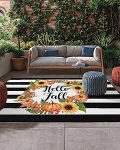 outdoor area rug for patio,fall thanksgiving sunflower pumpkin camping rugs indoor large floor mat 4x6ft,leaf berry black white stripe outside carpet for deck rv picnic porch backyard bedroom