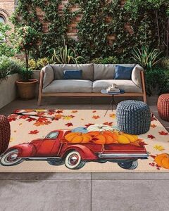 outdoor area rug for patio,thanksgiving maple leaves pumpkin on farm truck camping rugs indoor large floor mat 4x6ft,​fall view vintage linen outside carpet for deck rv picnic porch backyard bedroom