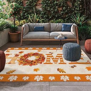 Outdoor Area Rug for Patio,Fall Thanksgiving Home Quotes Maple Leaf Camping Rugs Indoor Large Floor Mat 4x6ft,Sunflower Wreath Linen Outside Carpet for Deck RV Picnic Porch Backyard Bedroom