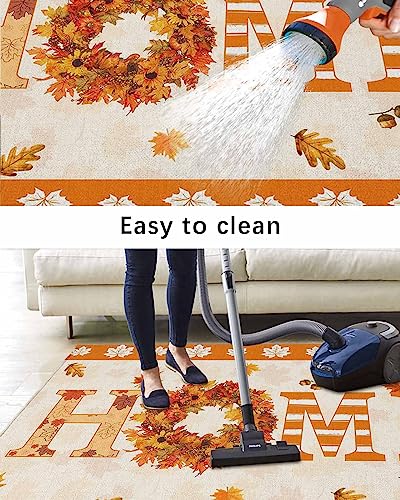 Outdoor Area Rug for Patio,Fall Thanksgiving Home Quotes Maple Leaf Camping Rugs Indoor Large Floor Mat 4x6ft,Sunflower Wreath Linen Outside Carpet for Deck RV Picnic Porch Backyard Bedroom