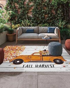 outdoor area rug for patio,thanksgiving autumn farm truck pumpkins camping rugs indoor large floor mat 4x6ft,fall orange leaf flowers on wooden outside carpet for deck rv picnic porch backyard