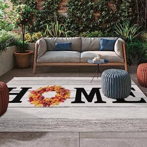 Outdoor Area Rug for Patio,Fall Thanksgiving Home Word Maple Leaf Wreath Camping Rugs Indoor Large Floor Mat 4x6ft,Sunflower Retro Wood Grain Outside Carpet for Deck RV Picnic Porch Backyard Bedroom