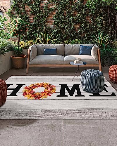 Outdoor Area Rug for Patio,Fall Thanksgiving Home Word Maple Leaf Wreath Camping Rugs Indoor Large Floor Mat 4x6ft,Sunflower Retro Wood Grain Outside Carpet for Deck RV Picnic Porch Backyard Bedroom