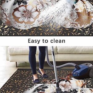 Outdoor Area Rug for Patio,Fall Thanksgiving Pumpkin Black Camping Rugs Indoor Large Floor Mat 5x8ft,White Floral Gold Leaves Outside Carpet for Deck RV Picnic Porch Backyard Bedroom Living Room