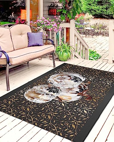 Outdoor Area Rug for Patio,Fall Thanksgiving Pumpkin Black Camping Rugs Indoor Large Floor Mat 5x8ft,White Floral Gold Leaves Outside Carpet for Deck RV Picnic Porch Backyard Bedroom Living Room