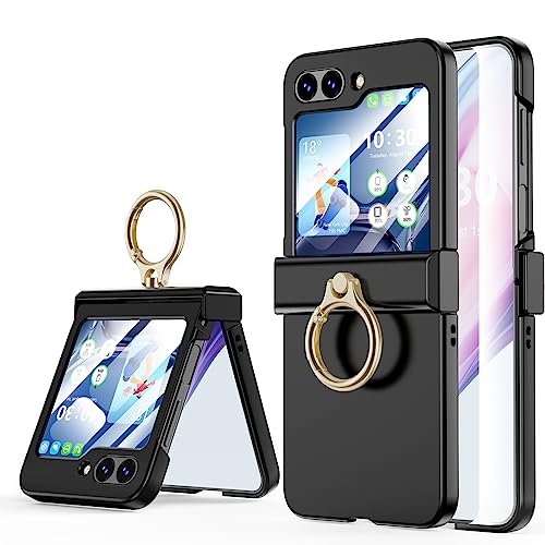 Compatible with Galaxy Z Flip 5 Case (Built-in Back Screen Protector) with Hinge Protection & Ring Kickstand, Slim and Thin Protective Case Cover for Samsung Z Flip 5 5G (Black)