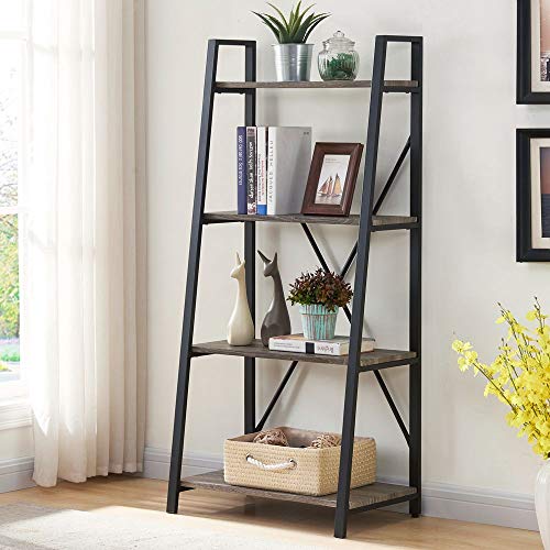 BON AUGURE Small Bookshelf for Small Space, 4-Tier Ladder Bookshelf, Wood and Metal Bookcase for Living Room, Bedroom and Office (Dark Gray Oak)