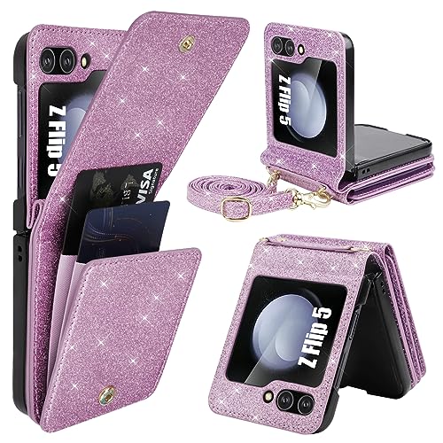 KSRIDOTE for Samsung Galaxy Z Flip 5 Case with Card Holder Strap Lanyard, Bling Samsung Z Flip 5 Case Wallet Glitter Galaxy Z Flip 5 Wallet Case Crossbody Phone Case Cover Purse for Women,Purple