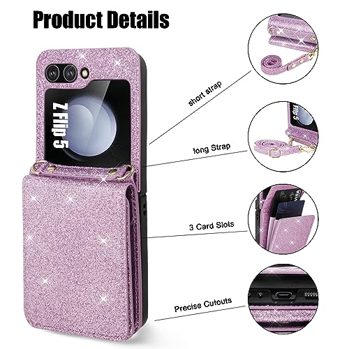 KSRIDOTE for Samsung Galaxy Z Flip 5 Case with Card Holder Strap Lanyard, Bling Samsung Z Flip 5 Case Wallet Glitter Galaxy Z Flip 5 Wallet Case Crossbody Phone Case Cover Purse for Women,Purple