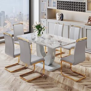 jufu modern dining table set for 6,rectangula kitchen table set with faux marble tabletop＆6 pu leather upholstered chairs ideal for dining room, kitchen