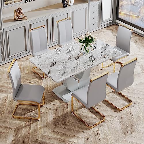 JUFU Modern Dining Table Set for 6,Rectangula Kitchen Table Set with Faux Marble Tabletop＆6 Pu Leather Upholstered Chairs Ideal for Dining Room, Kitchen