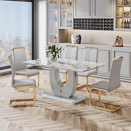 JUFU Modern Dining Table Set for 6,Rectangula Kitchen Table Set with Faux Marble Tabletop＆6 Pu Leather Upholstered Chairs Ideal for Dining Room, Kitchen