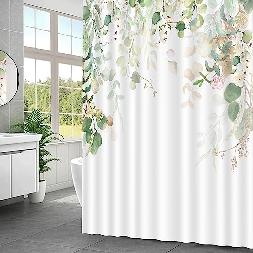 QOQIBU Green Plant Shower Curtain for Bathroom with 12 Hooks,Waterproofing Enhanced Shower Curtains with Eucalyptus Leaf Plant Pattern,Floral Shower Curtain Inspired by Nature for Decoratin-72 x72