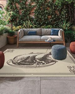 indoor/outdoor area rug thanksgiving turkey retro lines border carpet for patio/backyard/porch/deck, sketch black food camping rv rugs mat water absorb non-shedding home floor pad-4'x6'