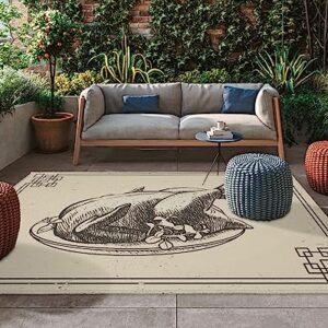 Indoor/Outdoor Area Rug Thanksgiving Turkey Retro Lines Border Carpet for Patio/Backyard/Porch/Deck, Sketch Black Food Camping RV Rugs Mat Water Absorb Non-Shedding Home Floor Pad-4'x6'