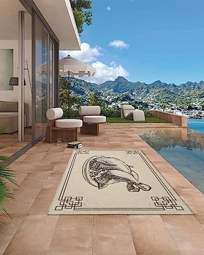 Indoor/Outdoor Area Rug Thanksgiving Turkey Retro Lines Border Carpet for Patio/Backyard/Porch/Deck, Sketch Black Food Camping RV Rugs Mat Water Absorb Non-Shedding Home Floor Pad-4'x6'