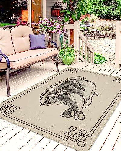 Indoor/Outdoor Area Rug Thanksgiving Turkey Retro Lines Border Carpet for Patio/Backyard/Porch/Deck, Sketch Black Food Camping RV Rugs Mat Water Absorb Non-Shedding Home Floor Pad-4'x6'