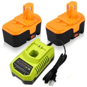 amsbat 2-pack 3600mah ni-mh replacement for ryobi 18v battery p100 p101 abp1801 abp1803 bpp-1813 bpp-1815 + p117 replacement for ryobi 18v battery one+ charger p117 p118 p119